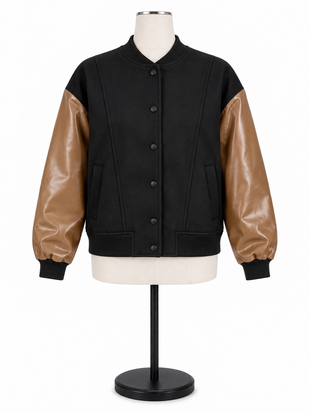 Line & Dot Women’s Varsity Jacket Size M Black Camel Faux Leather Sleeves NWT
